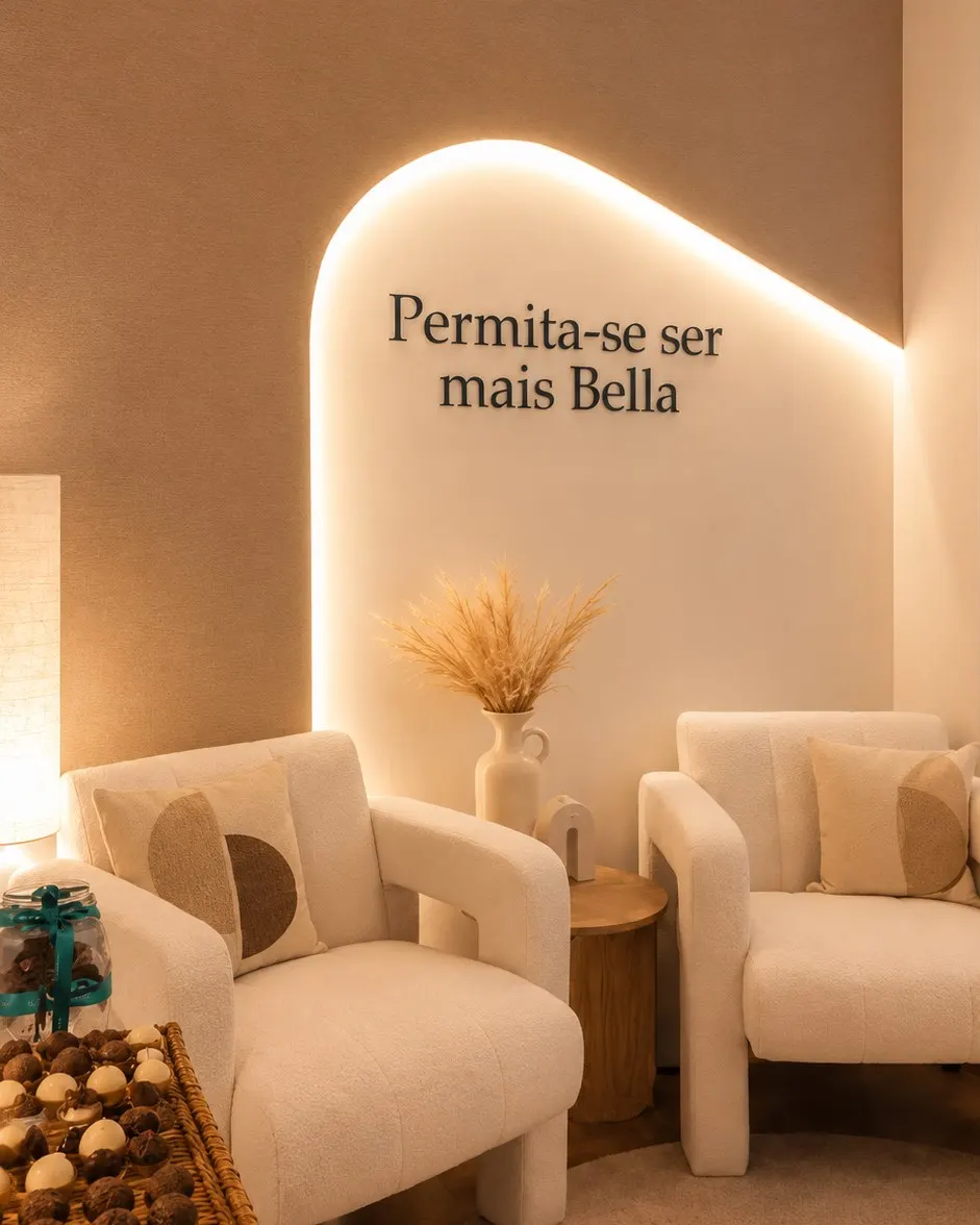 Sala de espera da Bella Laser Clinic, com cadeirões creme e o nicho retroiluminado